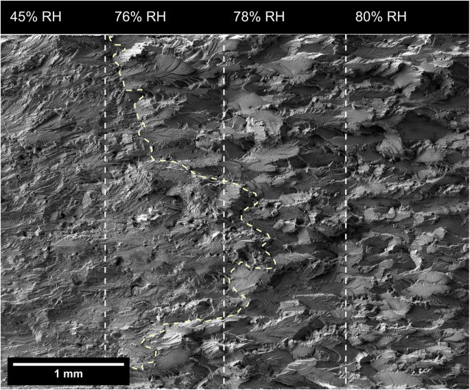 Fig. 8: Composite SEM fractograph showing the wetting phase of the segmented humidity test shown in (Fig. 4).