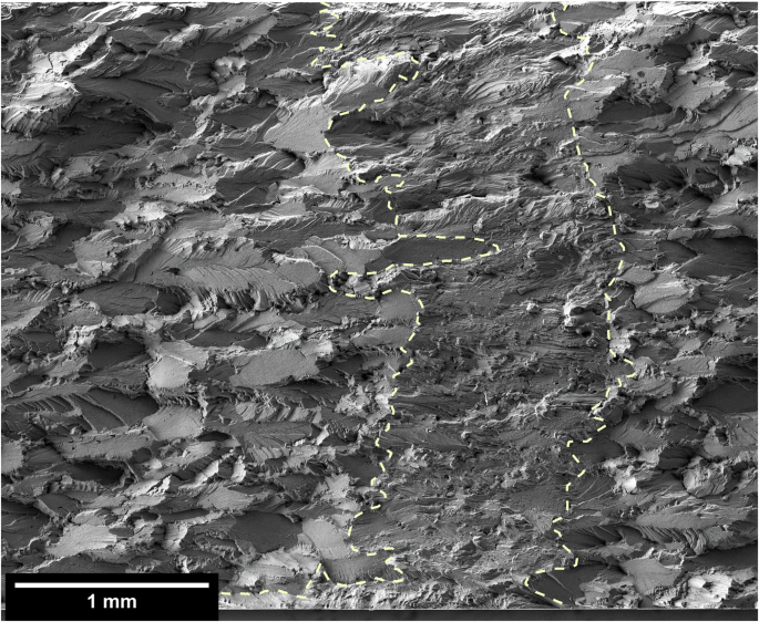 Fig. 9: Composite SEM fractograph showing a wet-dry-wet transition during a humidity ramp rate test using the slow ramp rate (15 min ramp, 60 min hold).