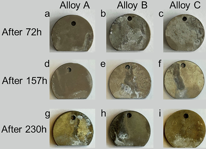 Fig. 5: Normal surface images of alloys A, B, and C after salt spray.