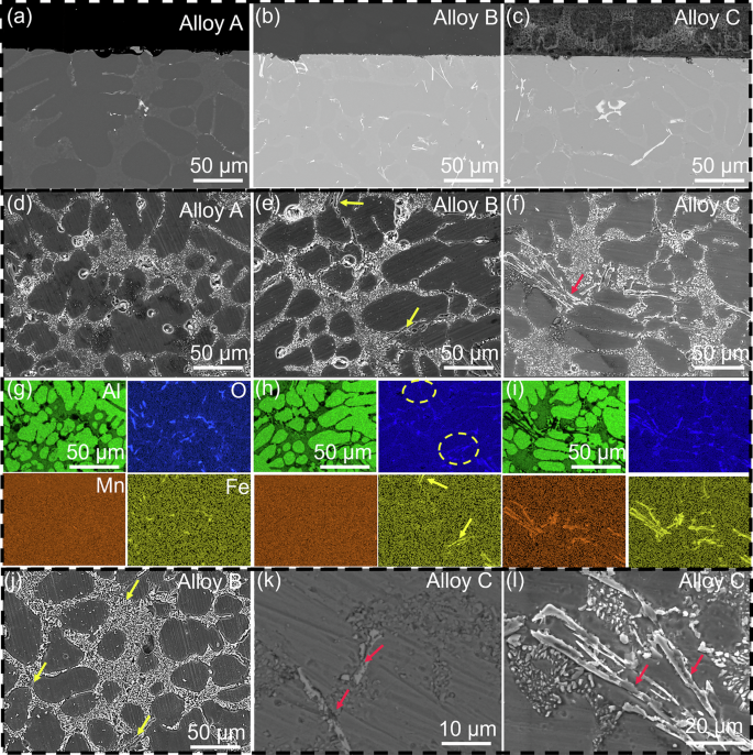 Fig. 6: SEM images and elemental distribution of alloys A, B, and C underr salt spray testing.
