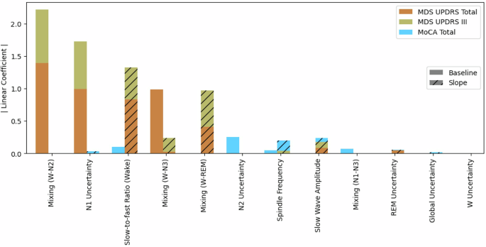 Fig. 3: Ranking of measures based on the sum of the absolute value of their coefficients in modeling both baseline test scores and their longitudinal slope using a linear lasso regression.