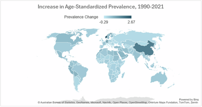 Fig. 2: Percent increase in prevalence of Parkinson’s disease, 1990–2021.