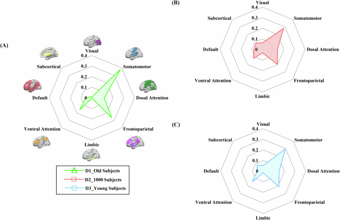 Fig. 3: The spatial relations between the fatigue-related network and each of eight established brain networks, including seven cortical networks (i.e., default, dorsal attention, frontoparietal, limbic, somatomotor, ventral attention, and visual networks) and one subcortical network (including the amygdala, hippocampus, basal ganglia, and thalamus).