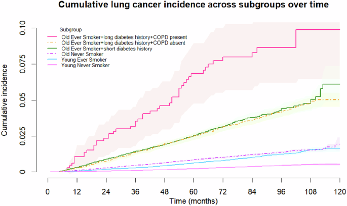 Fig. 2: Cumulative lung cancer incidence across distinct subgroups of diabetes patients.