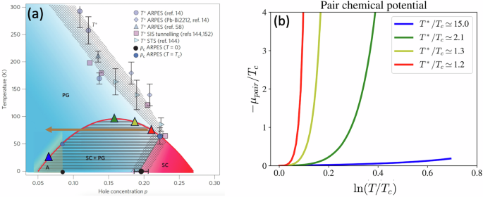Fig. 2: The figure presents a prototypical phase diagram of strongly coupled superconductors and the associated pair chemical potential of these states.