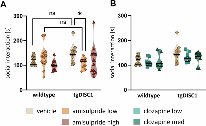 Fig. 3: Effects of amisulpride or clozapine treatment on social interest in the 3-Chamber task.