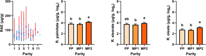 Fig. 1: Distribution of RAE calculated on the basis of measured β-carotene, retinol and retinyl ester concentrations and least squares means and standard errors of the concentration of retinyl esters in liver tissue biopsies of suckler cows in relation to parity.