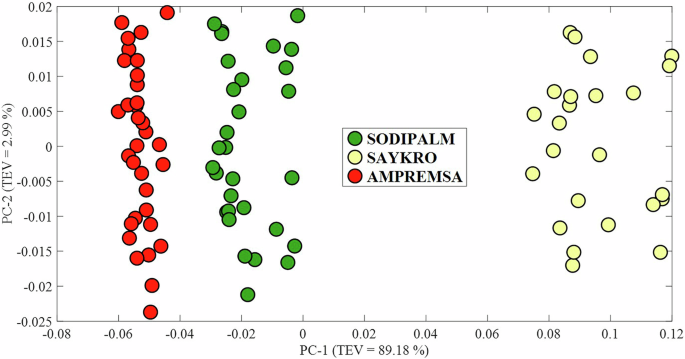 Fig. 4: PCA scores plot of Raman spectra measured from each palm oil sample originating from various sources of the Ivory Coast.