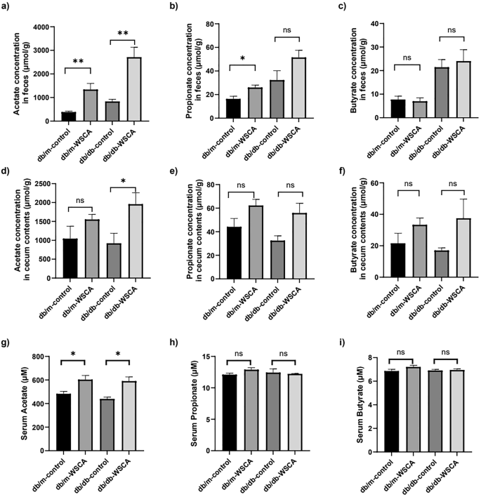 Fig. 4: Acetate, propionate, and butyrate concentrations in the cecum, cecum contents, and sera at 8 weeks after the administration.