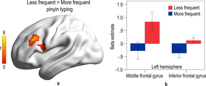 Fig. 2: The effect of pinyin typing on brain activation in reading comprehension.