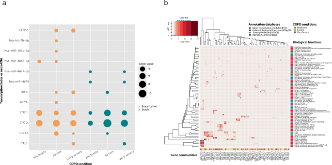 Fig. 4: Gene communities identified in stable state and exacerbation with different levels of airway obstruction severity.