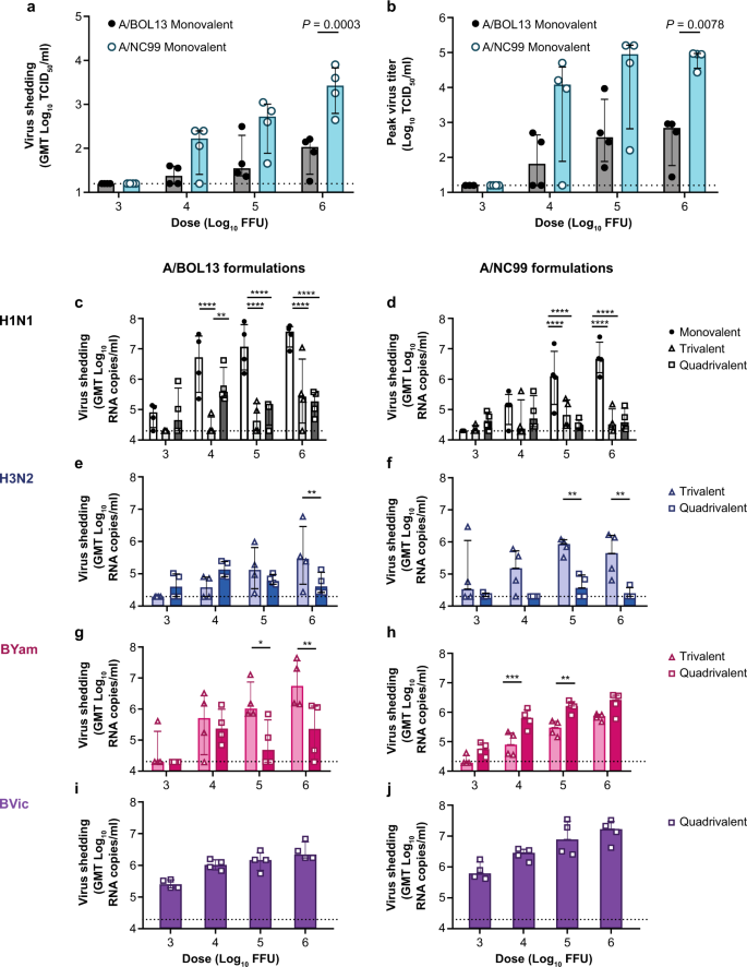 Fig. 2: Monovalent A/BOL13 shedding is reduced relative to A/NC99 and all H1N1 virus shedding is inhibited in multivalent formulations.