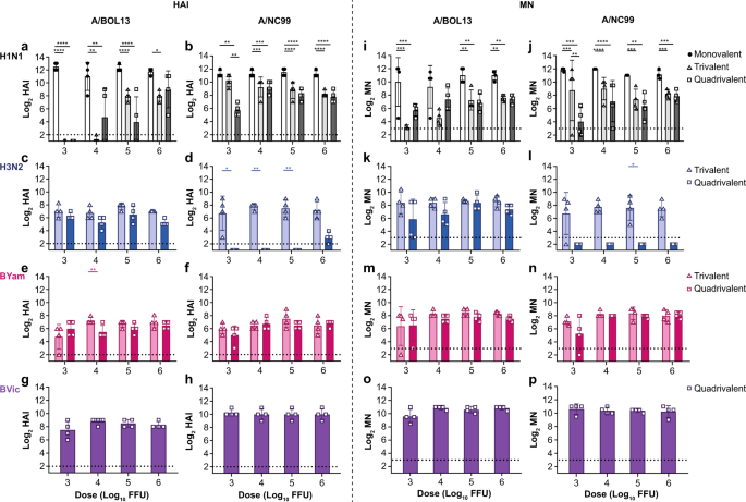 Fig. 3: A/BOL13 serum immune responses are more strongly reduced in multivalent formulations.