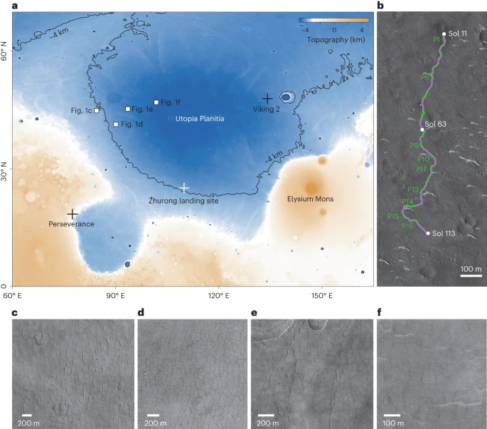 a) Mappa topografica di Utopia Planitia, che mostra i siti di atterraggio del rover Zhurong, del lander Viking 2 e del rover Perseverance. c-f) Quattro regioni che presentano cunei poligonali, contrassegnate da quadrati bianchi