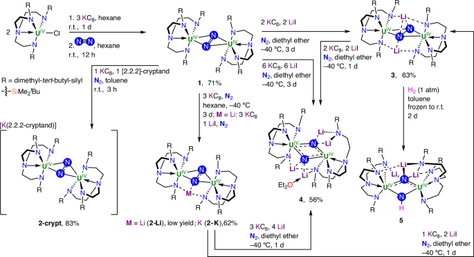 Fig. 2: Synthesis of uranium–dinitrogen complexes 1–5.