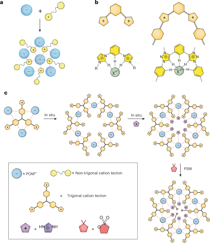 Fig. 1: Schematic synthesis and functionalization of porous polyoxometalate–organic frameworks.