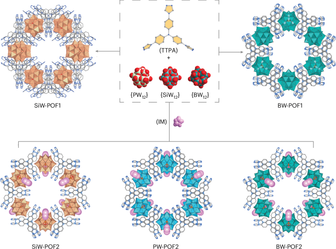 Fig. 2: Synthetic routes for POF1 and POF2 and their porous structures.