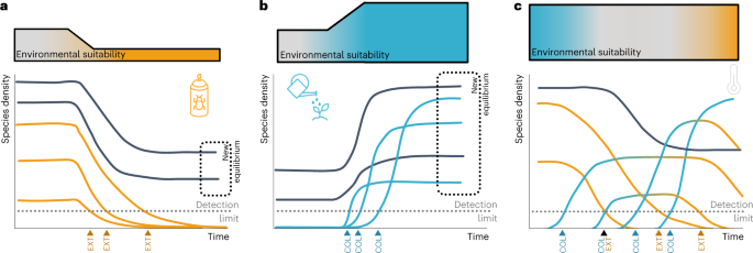 Fig. 1: Conceptual figure of the impact of different anthropogenic changes on species diversity and species density.