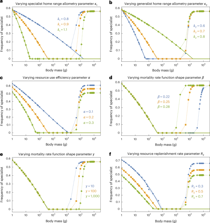 Fig. 4: Specialists tend to have higher frequencies at extreme sizes at quasi-stability.