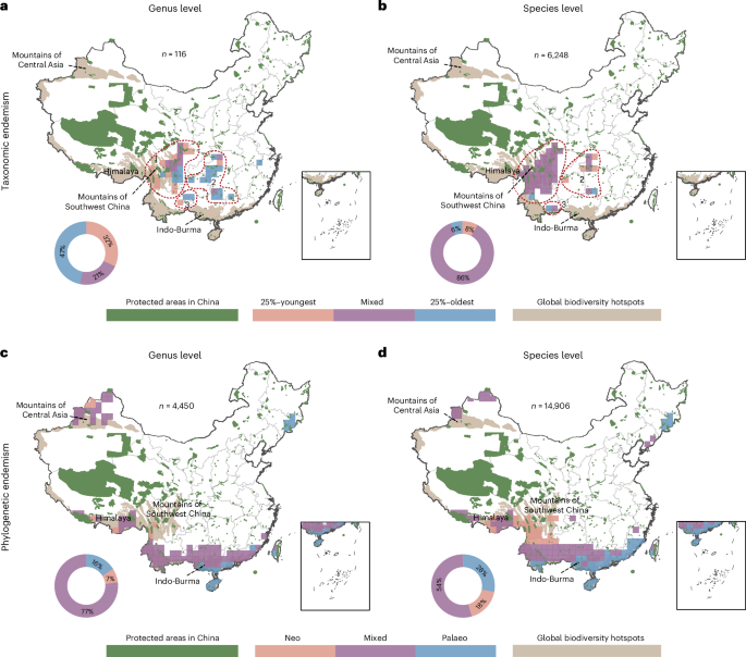 Fig. 3: Geographic distribution of taxonomic and phylogenetic endemism centres for vascular plants in China.