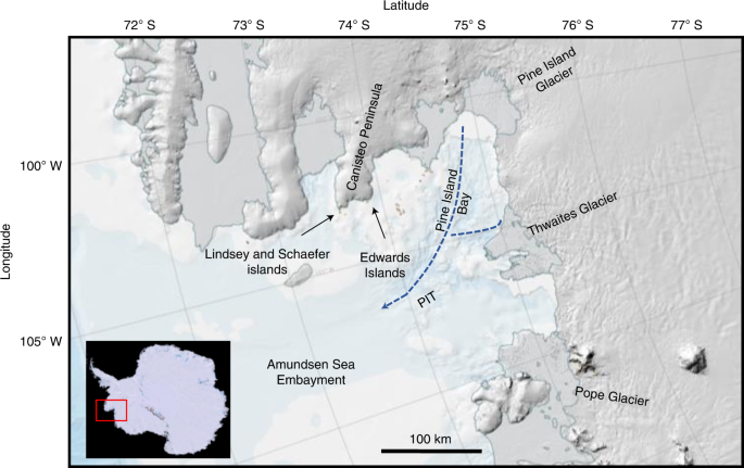 Mapa do Mar de Amundsen, Antártica, mostrando os locais mencionados no texto