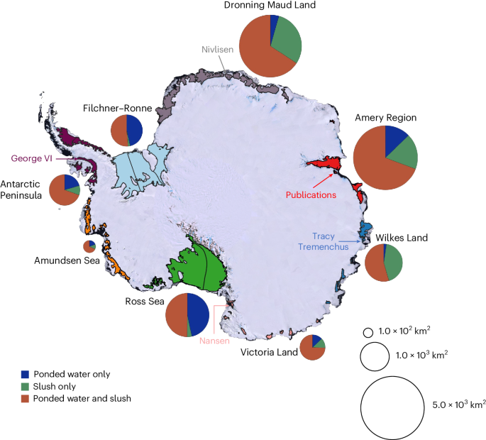 Fig. 2: Total maximum composite surface meltwater areas for each region for 2013–2021.