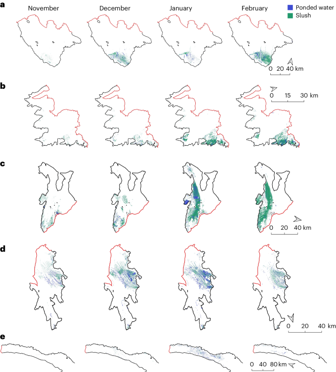 Fig. 3: Monthly (November–February) meltwater products for selected ice shelves.