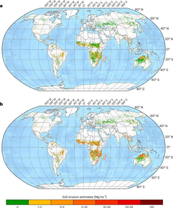Fig. 2: Global pre-fire and post-fire soil erosion for the year 2019.
