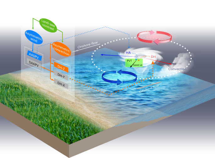 Fig. 4: Schematic diagram of the physical mechanisms for the acceleration of landfalling TCs.