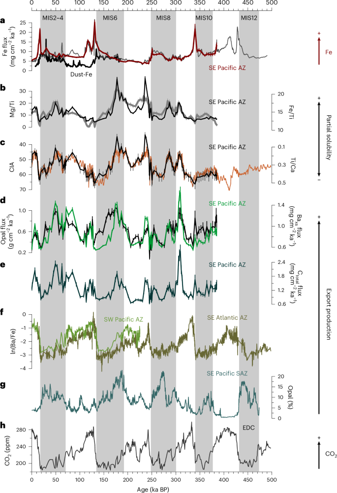 Fig. 3: Mineral solubility and export production in the South Pacific.