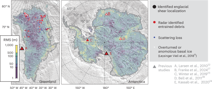 Fig. 3: Maps showing subglacial topographic roughness where evidence of debris trains has been identified.