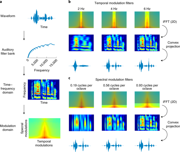 professional diagram showing voice modulation techniques with labeled waveforms in orange and blue