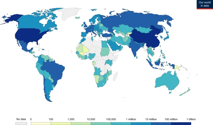 Cumulative number of COVID-19 doses administered by country.