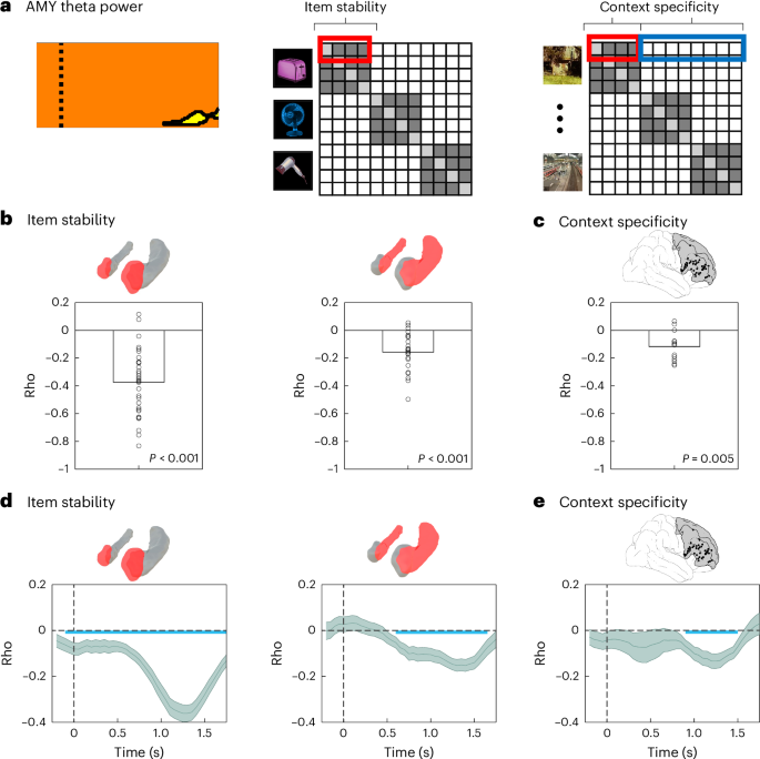 Fig. 5: Amygdala theta power correlates with item stability and context specificity across the extinction network.