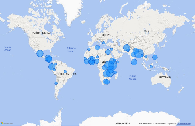 Fig. 2: Geographical distribution of overall effect sizes.