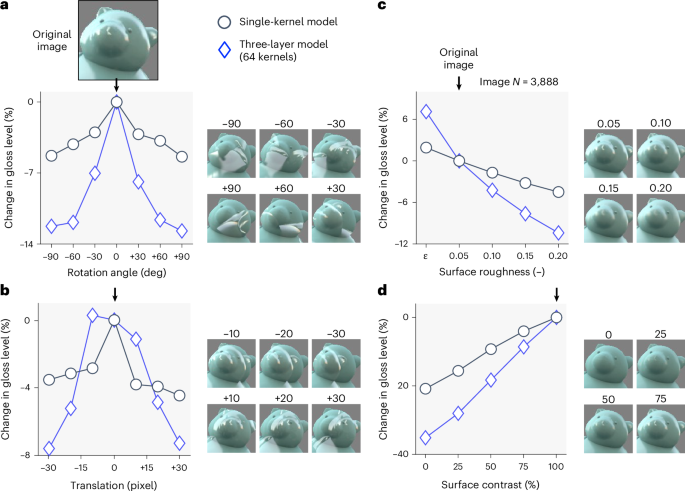 Fig. 6: Evaluation of single-kernel and three-layer network models for three known perceptual effects.