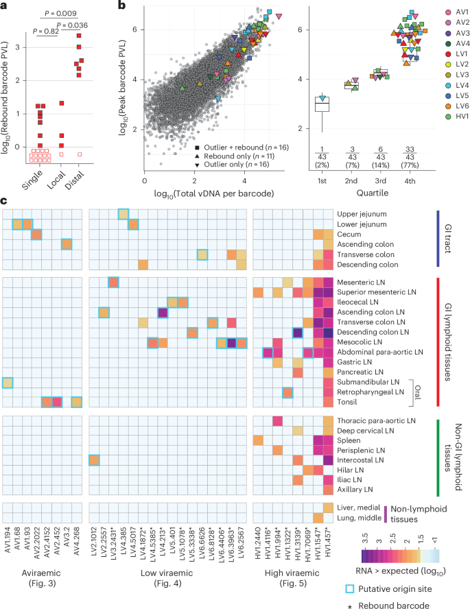 Fig. 6: Outlier and rebound barcode lineages and origin sites are overrepresented in GI tract and GI tract-associated lymphoid tissues.