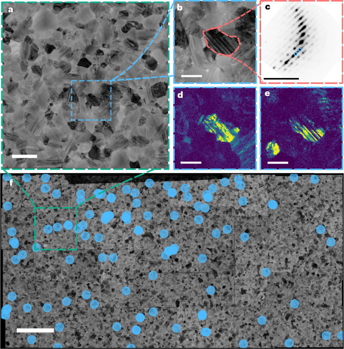 Fig. 3: {111}c-type nanotwinning is ubiquitous in bulk FAPbI3 thin films as observed via spatial nanoscale structural maps.