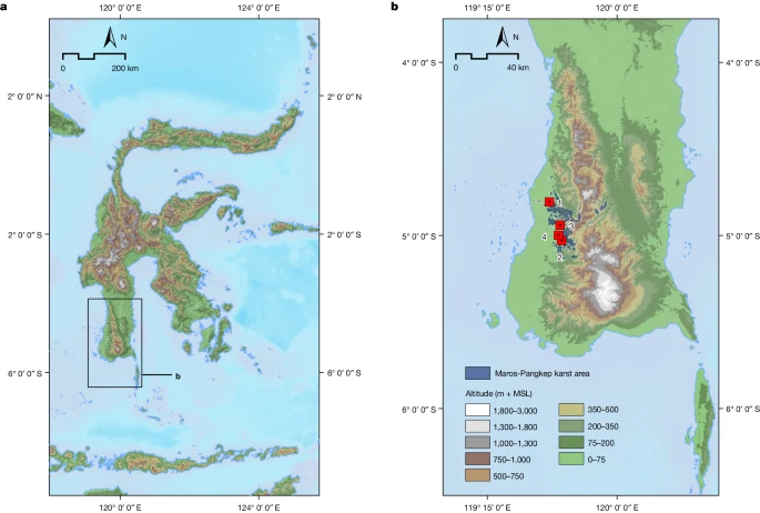 Carte de la région d'étude en Sulawesi, Indonésie, avec localisation des sites d'art rupestre