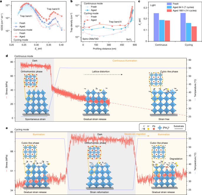 Fig. 2: Defect evolution, ion-migration dynamics and stress evolution in the cycling mode.