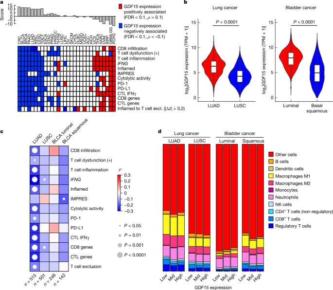 Fig. 2: Correlation of GDF15 with suppression of immune signatures in data from TCGA.