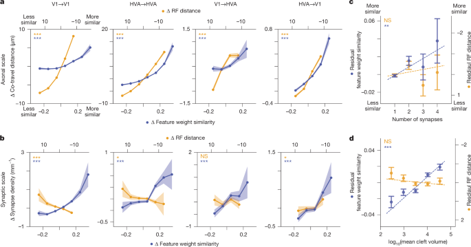 Fig. 3: Feature weight similarity predicts synaptic selectivity more accurately than RF centre distance.