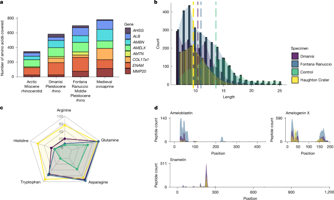 Fig. 2: Proteome preservation in the enamel specimen of the Early Miocene rhinocerotid (CMNFV59632, Haughton Crater, Canada).