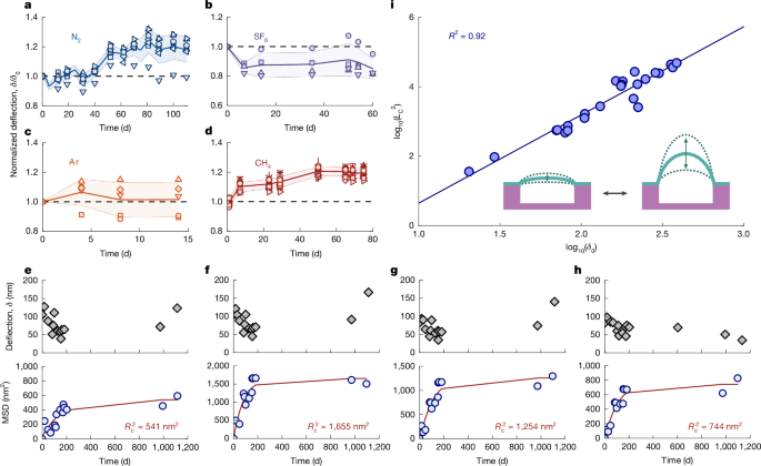 Fig. 3: Random fluctuations in bulge deflection over time for various gases.