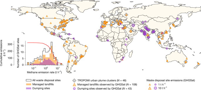 Fig. 2: Distribution of GHGSat-observed waste disposal sites and their urban areas.