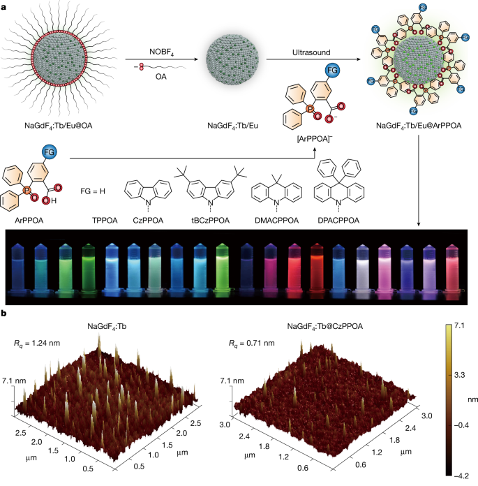 Fig. 1: System design of phosphine oxide–lanthanide fluoride nanocrystal emitters.