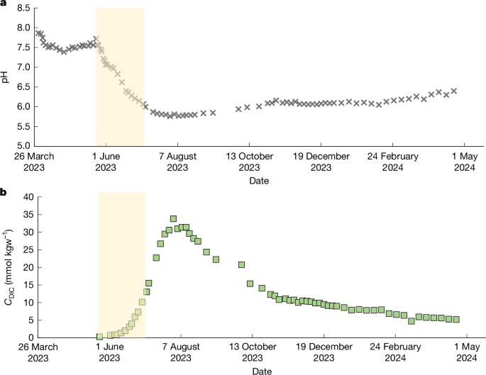 Fig. 2: Temporal evolution of the in situ pH and DIC concentration before, during and after the injection of 131 tons of water-dissolved CO2 in the injection well.