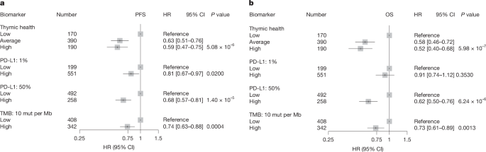 Fig. 3: Association of thymic health, PD-L1 and TMB with progression-free and overall survival in patients with NSCLC.