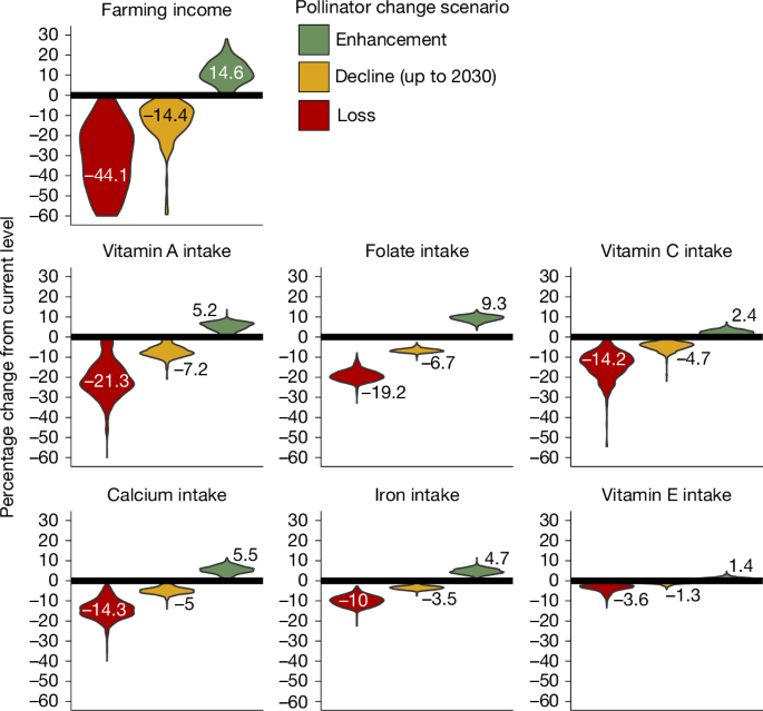 Fig. 4: Predicted impacts of local pollinator loss, decline and enhancement on human welfare.