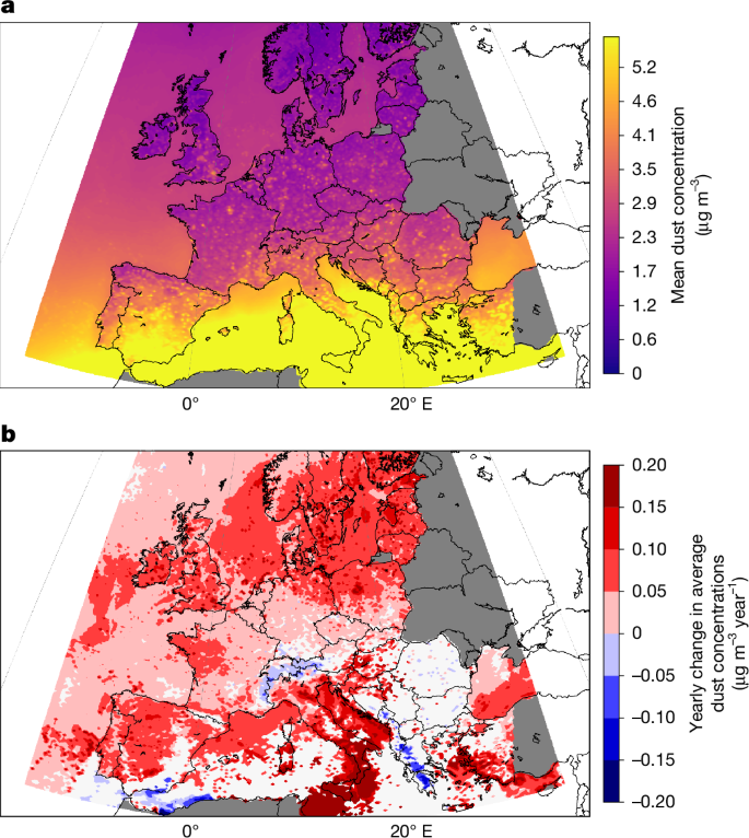 Fig. 3: Dust concentrations and their changes in Europe during the period 2012–2021.